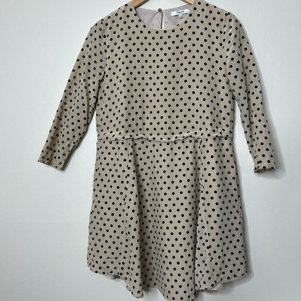 Madewell Silk Polka Dot beige dress 3/4 Sleeve SZ XS